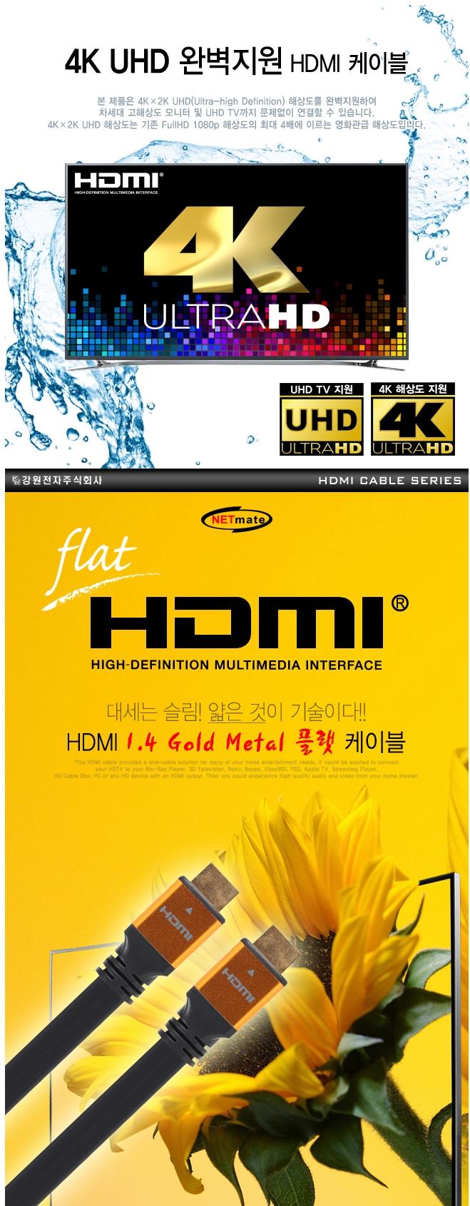 K HDMI 1.4 Gold Metal Flat 5M hdmi Computer Cable 
